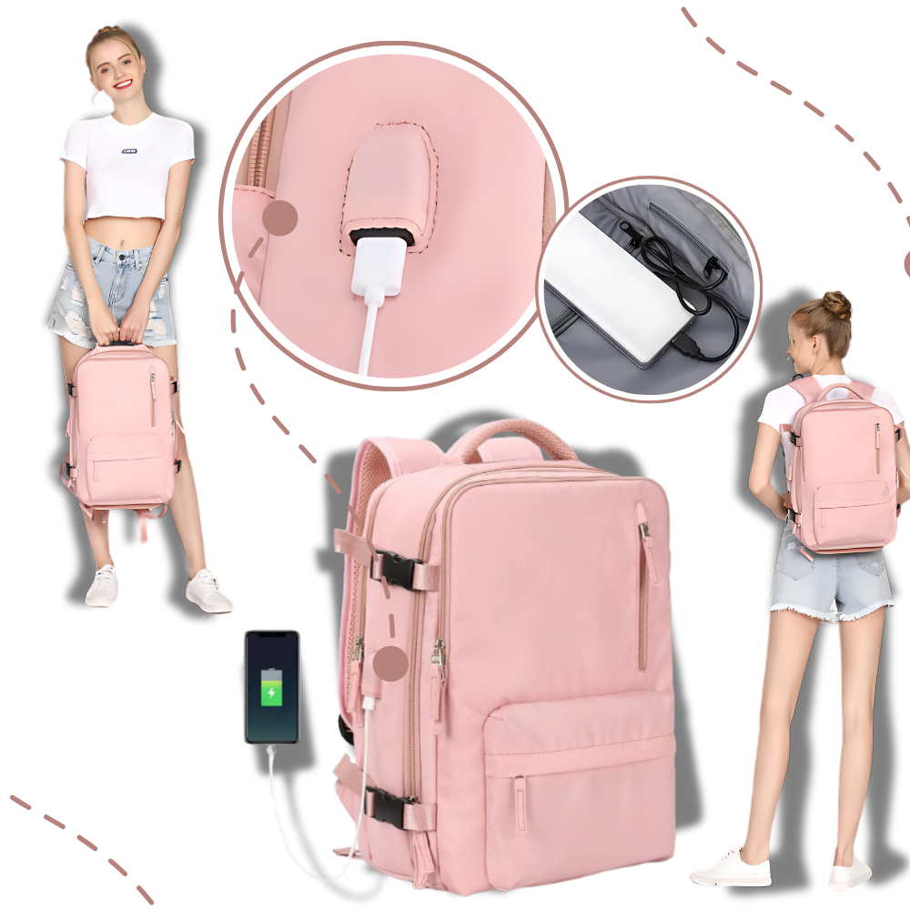 Mochila de viagem à prova d'água da Okeba com porta USB para carregamento, mostrando compartimentos resistentes e design moderno.