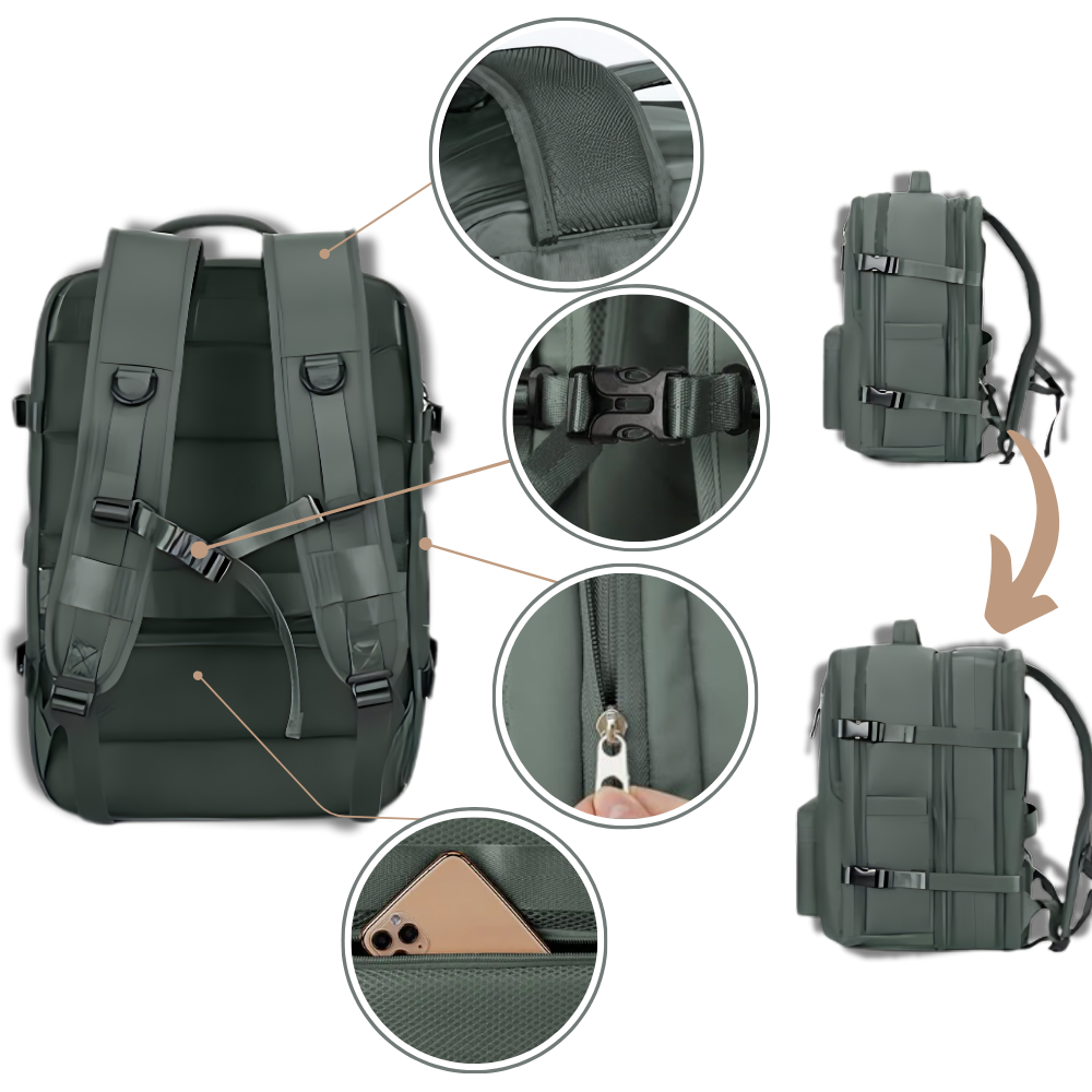 Mochila de viagem à prova d'água da Okeba com porta USB para carregamento, resistente e ideal para viagens e uso diário.