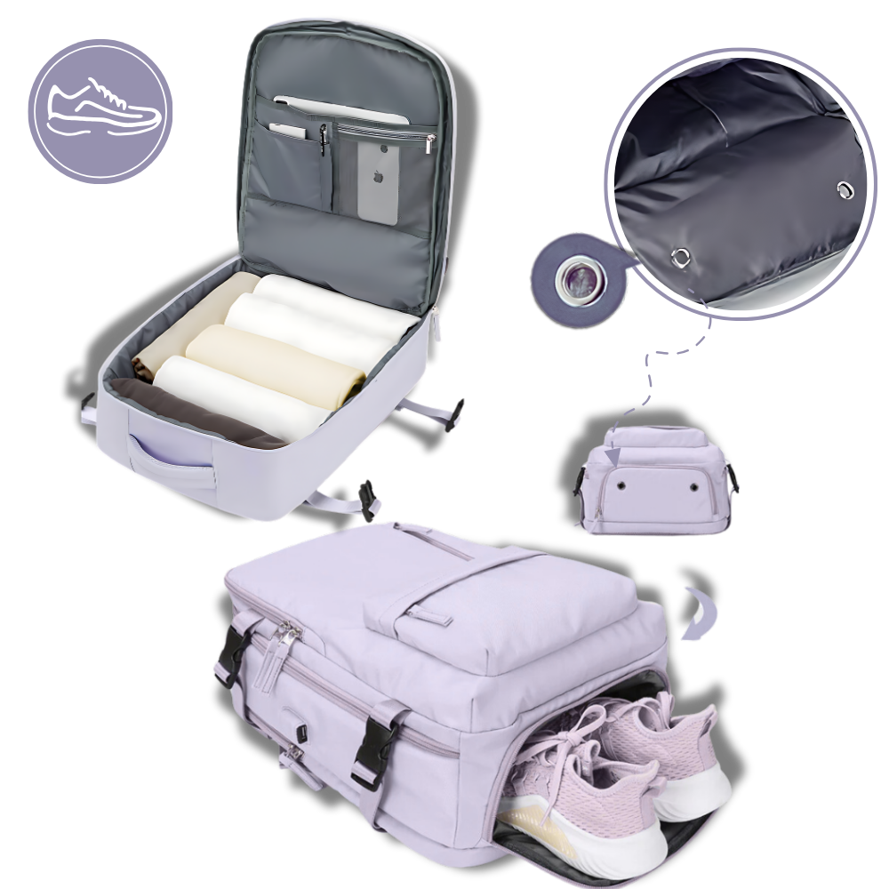 Mochila de viagem à prova d'água da Okeba com porta USB para carregamento, com compartimentos e alças ajustáveis.