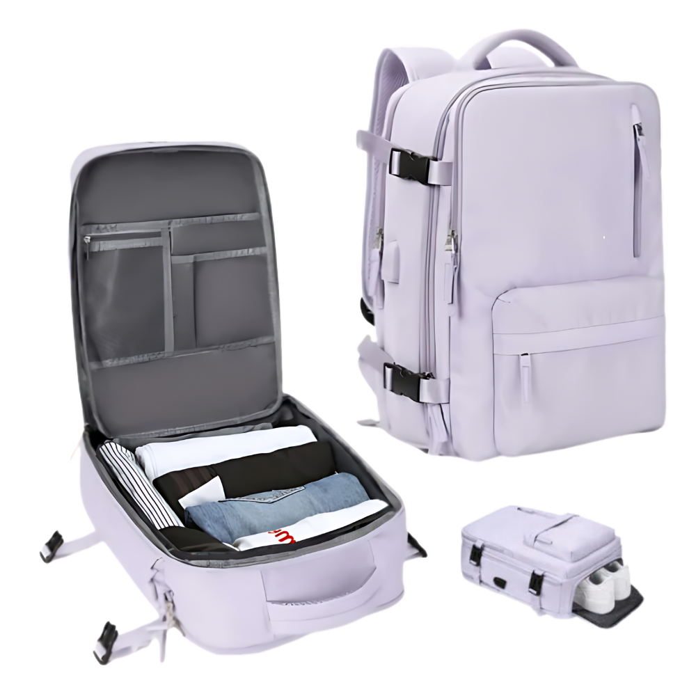 Mochila de viagem à prova d'água Okeba com porta USB, na cor violeta, com compartimentos para carga e organização.
