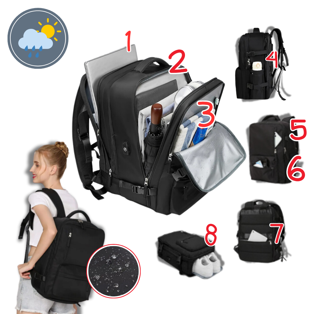 Mochila de viagem à prova d'água da Okeba com porta USB para carregamento, resistente às condições climáticas.