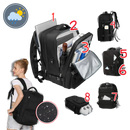 Mochila de viagem à prova d'água da Okeba com porta USB para carregamento, resistente às condições climáticas.