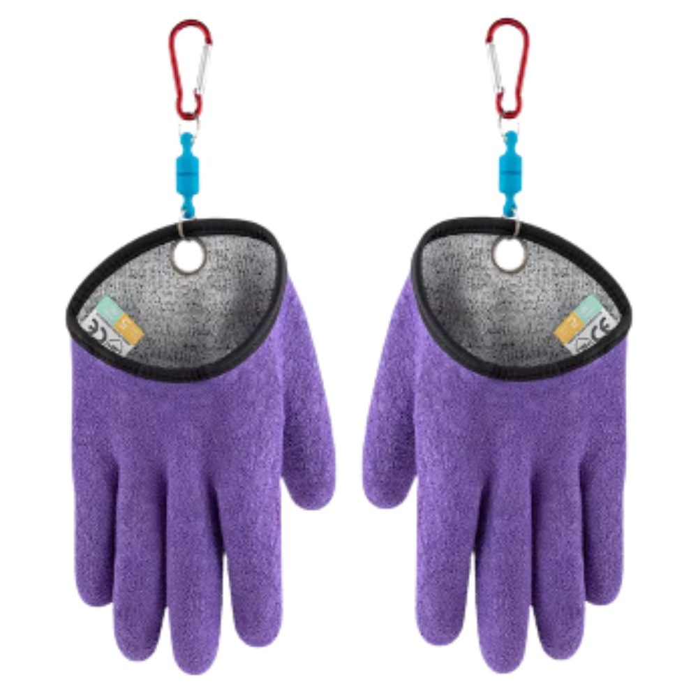 Luvas de pesca resistentes ao desgaste da marca Fnyoxu, em tom roxo, mostrando detalhes de proteção e durabilidade.
