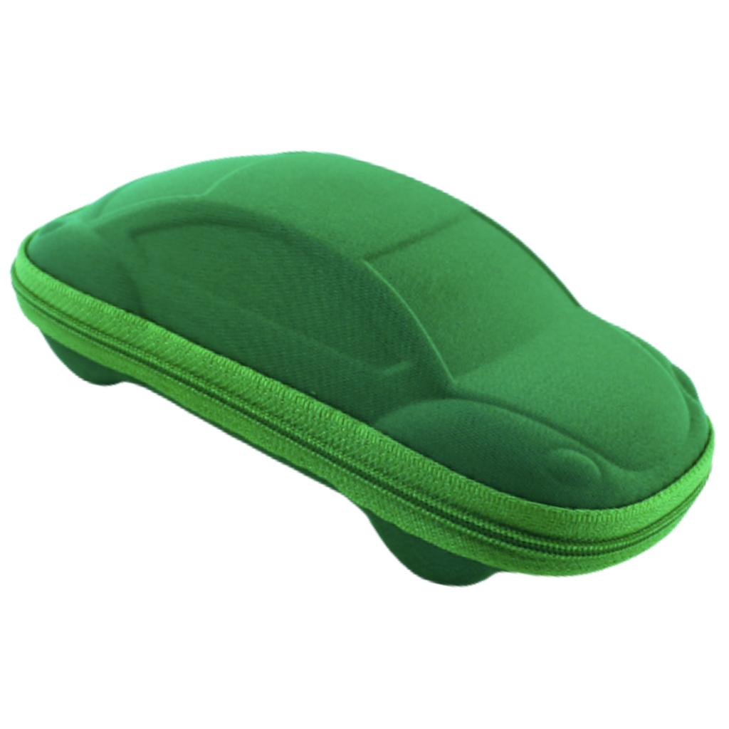 Estojo para óculos de sol infantil da Wellpaid Entity, com design verde e espaço para guardar óculos de sol para crianças.
