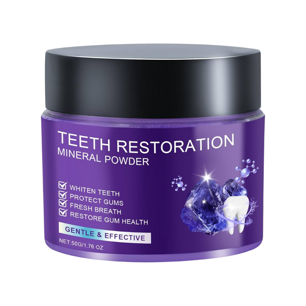 Pó de branqueamento dental Weloille para cuidados bucais, com efeito de frescor, em embalagem com pó branco e detalhes em azul