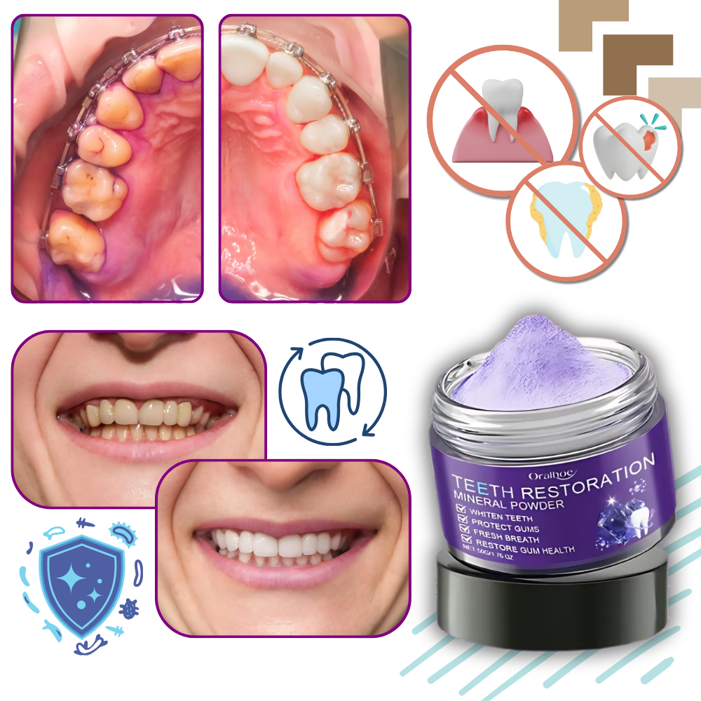 Pó de branqueamento dental Weloille para cuidados bucais, com efeito de frescura, em embalagem branca com detalhes azuis.