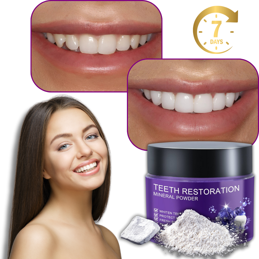Pó de branqueamento dental Weloille para cuidados bucais com efeito de frescor, apresentado em embalagem branca com detalhes azuis.