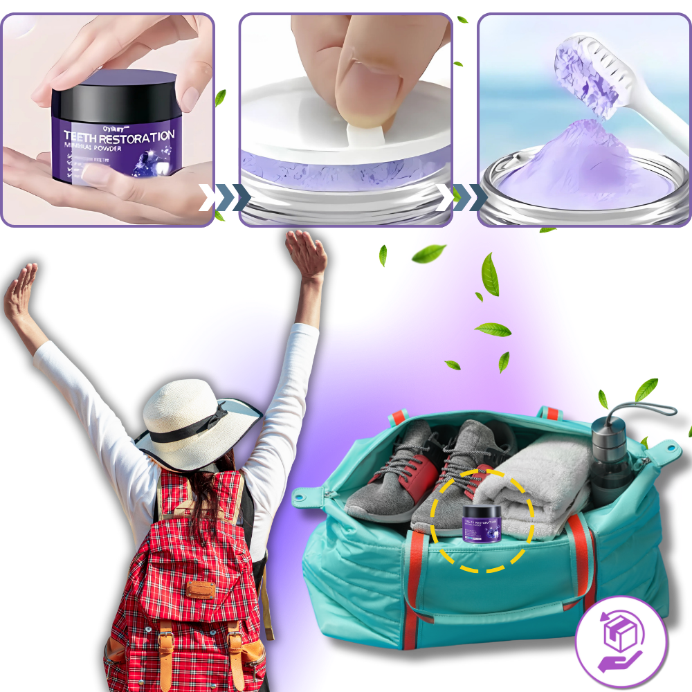 Pó de branqueamento dental Weloille, cuidado bucal com efeito de frescor, em embalagem branca com detalhes azuis.