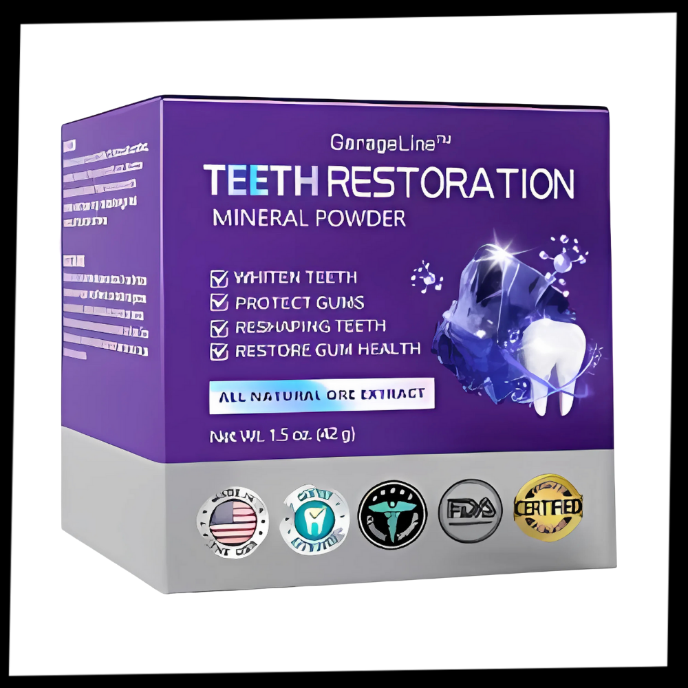 Pó de branqueamento dental Weloille para cuidados bucais, com efeito de frescor visível na embalagem branca e azul.
