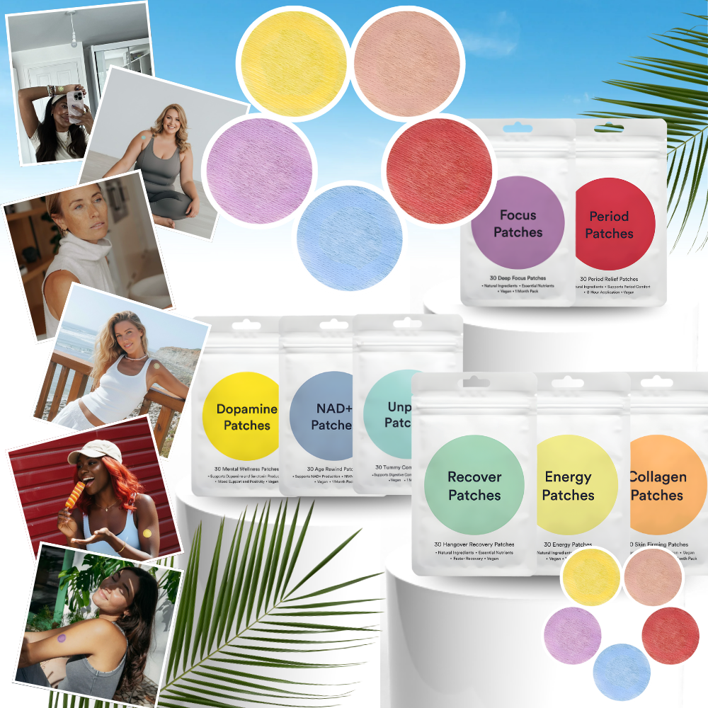 Patches de bem-estar Wiieey, ultra-absorbentes, para fitness e nutrição, mostrados em embalagem branca com detalhes azuis.