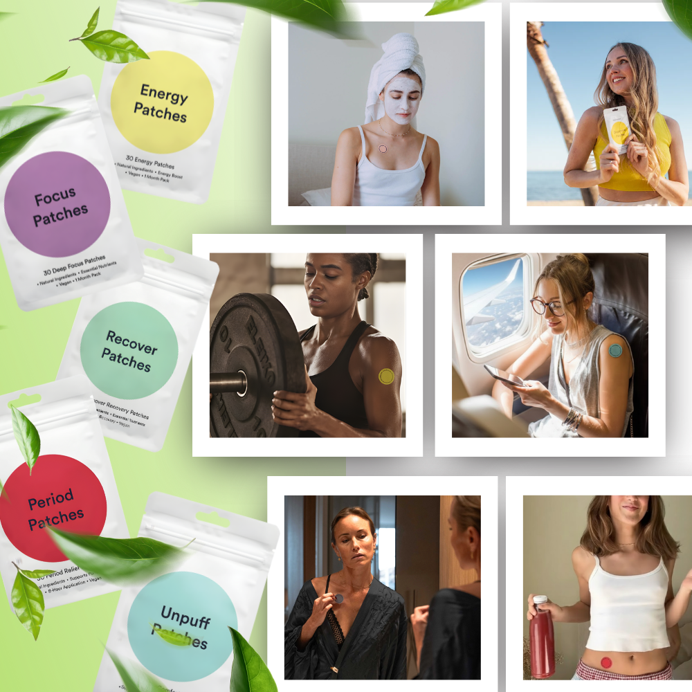 Conjunto de patches bem-estar ultra-absorventes da Wiieey para fitness e nutrição, exibidos na embalagem.