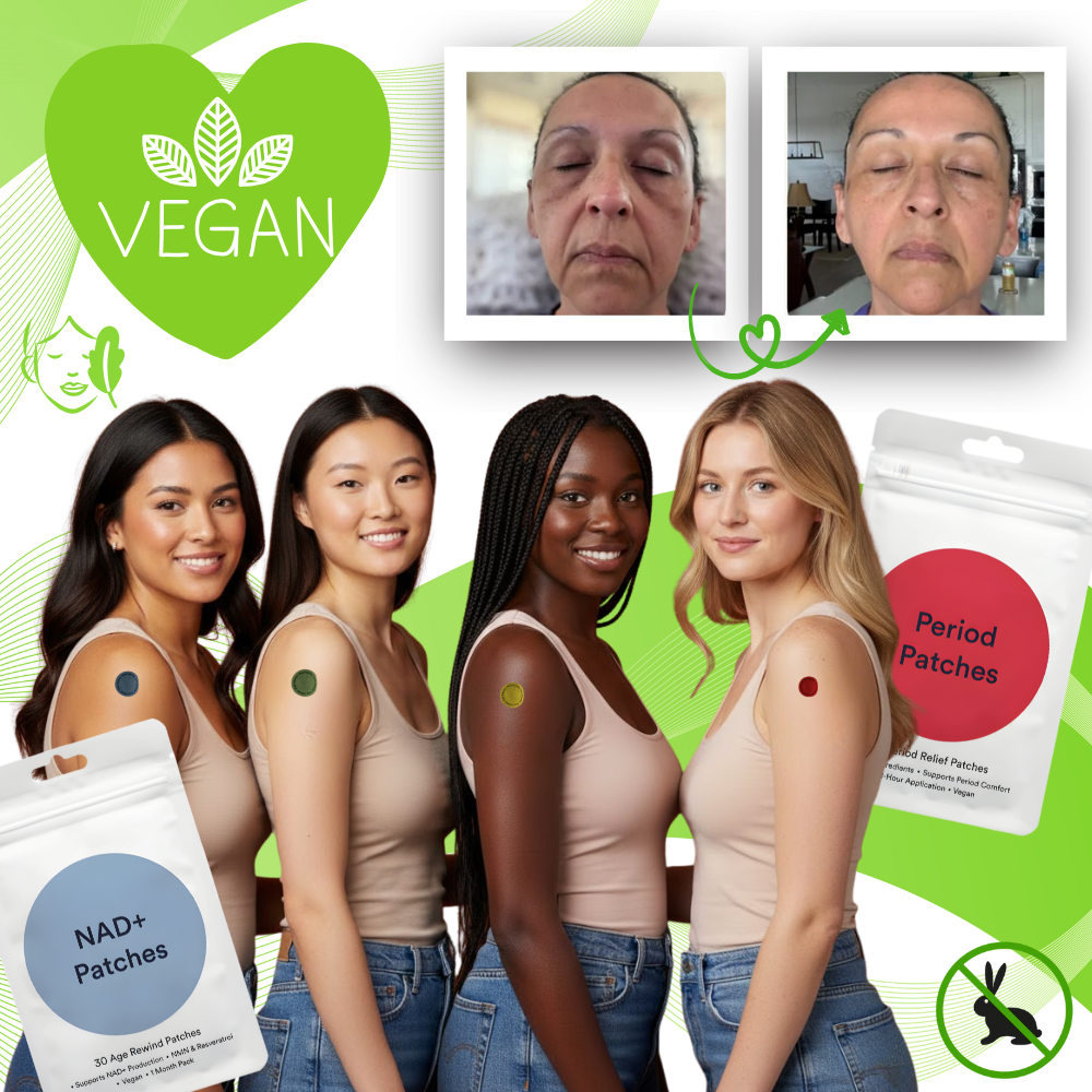 Patchs de bem-estar da Wiieey, ultra-absorbantes, usados para fitness e nutrição, visíveis na imagem.