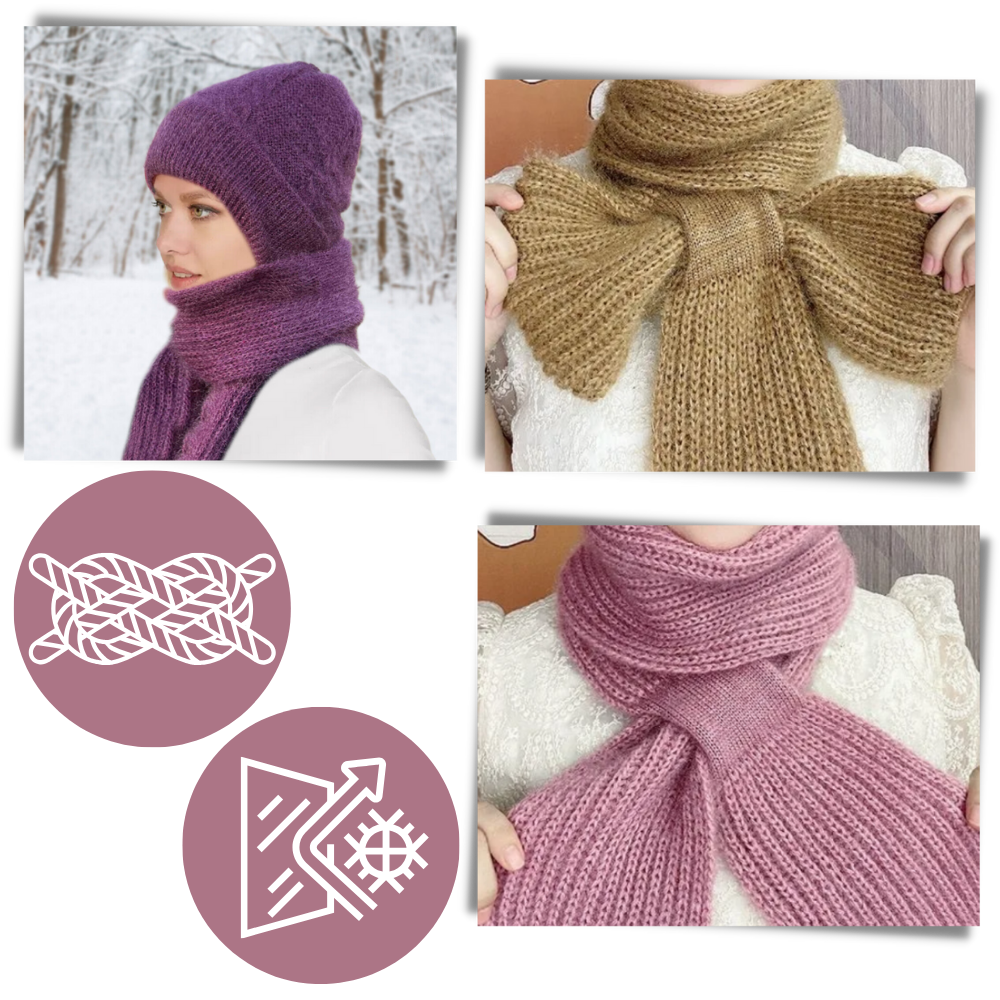 Capuz de tricô à prova de vento da Morease com echarpe integrada e proteção para os ouvidos, ideal para clima frio.