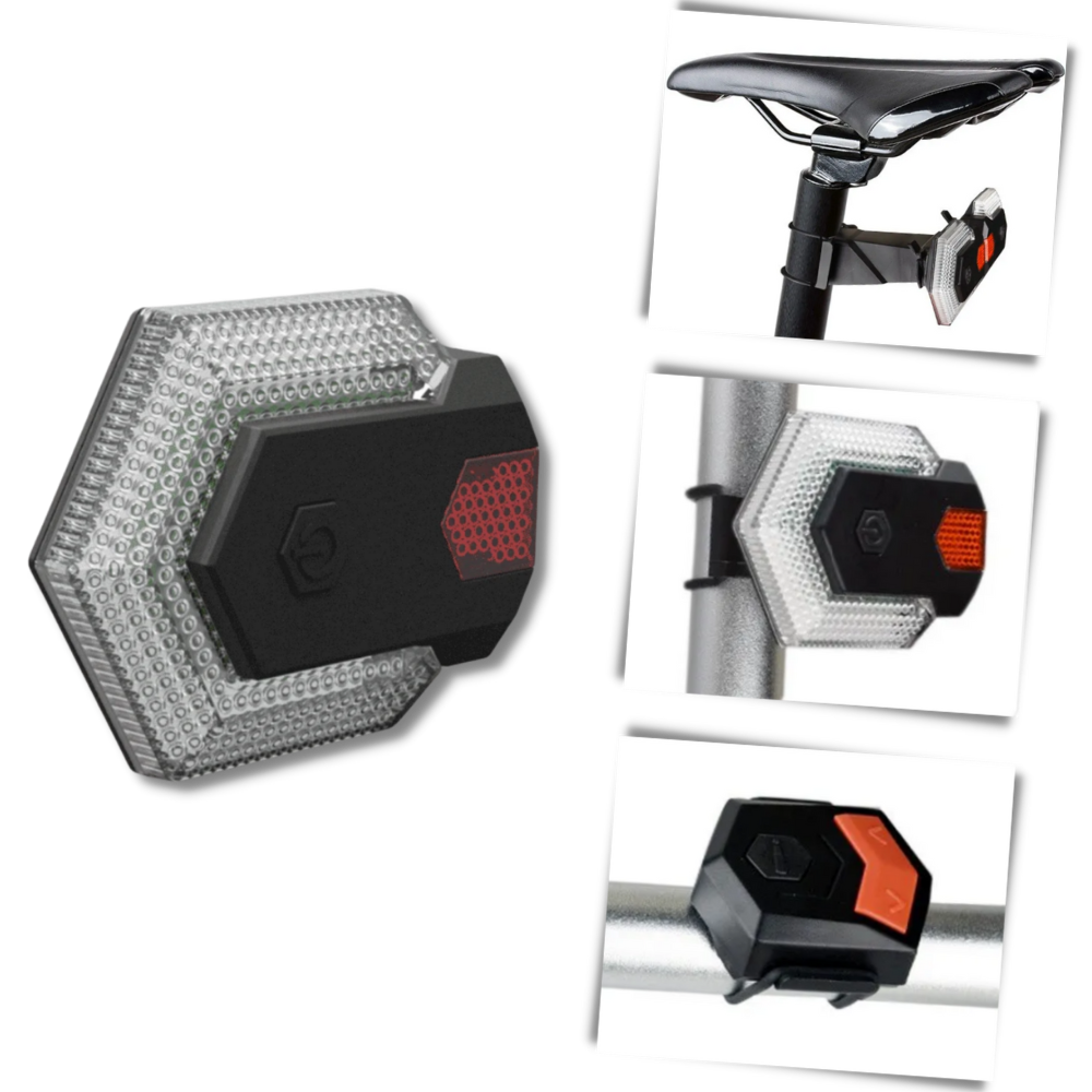 Indicadores luminosos sem fio para bicicletas Stamens, instalados, mostrando sinalização de ciclismo com luzes LED visíveis.