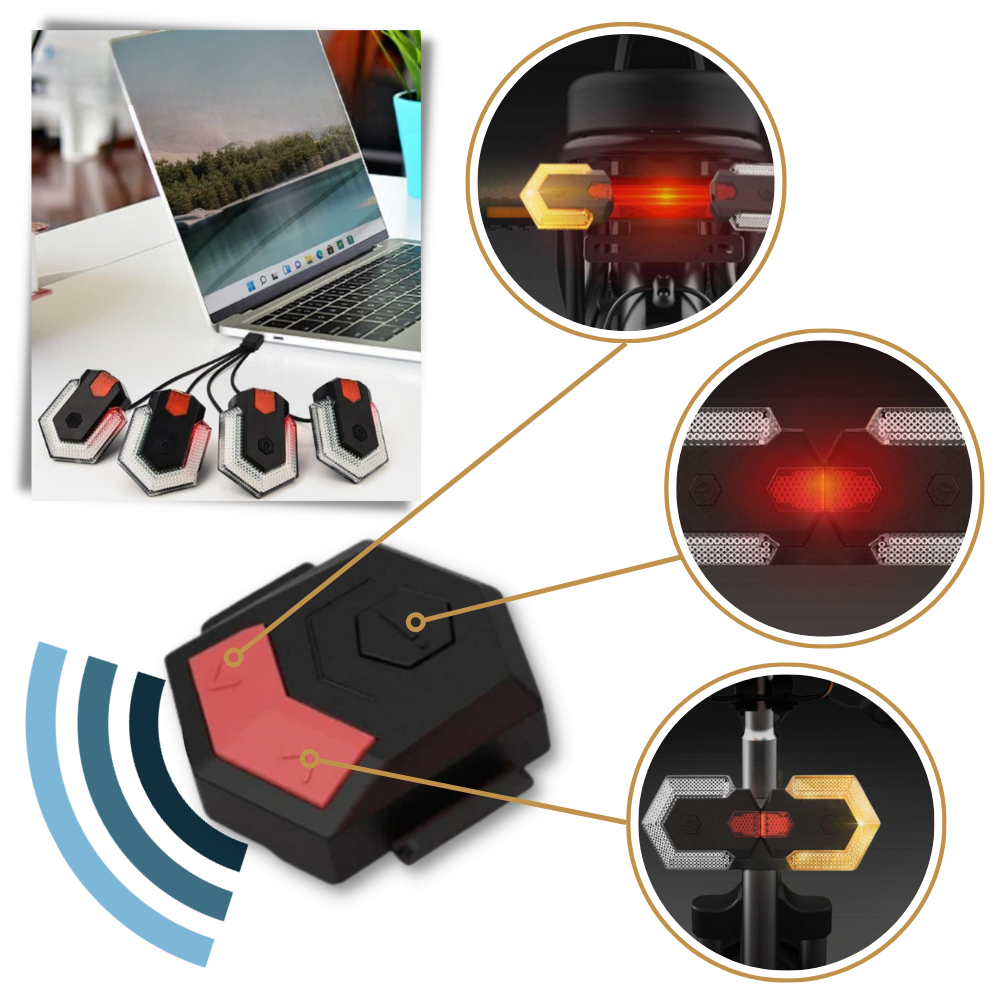 Indicadores de luz sem fio para bicicletas Stamens, visíveis na imagem, com luzes LED para segurança no ciclismo.