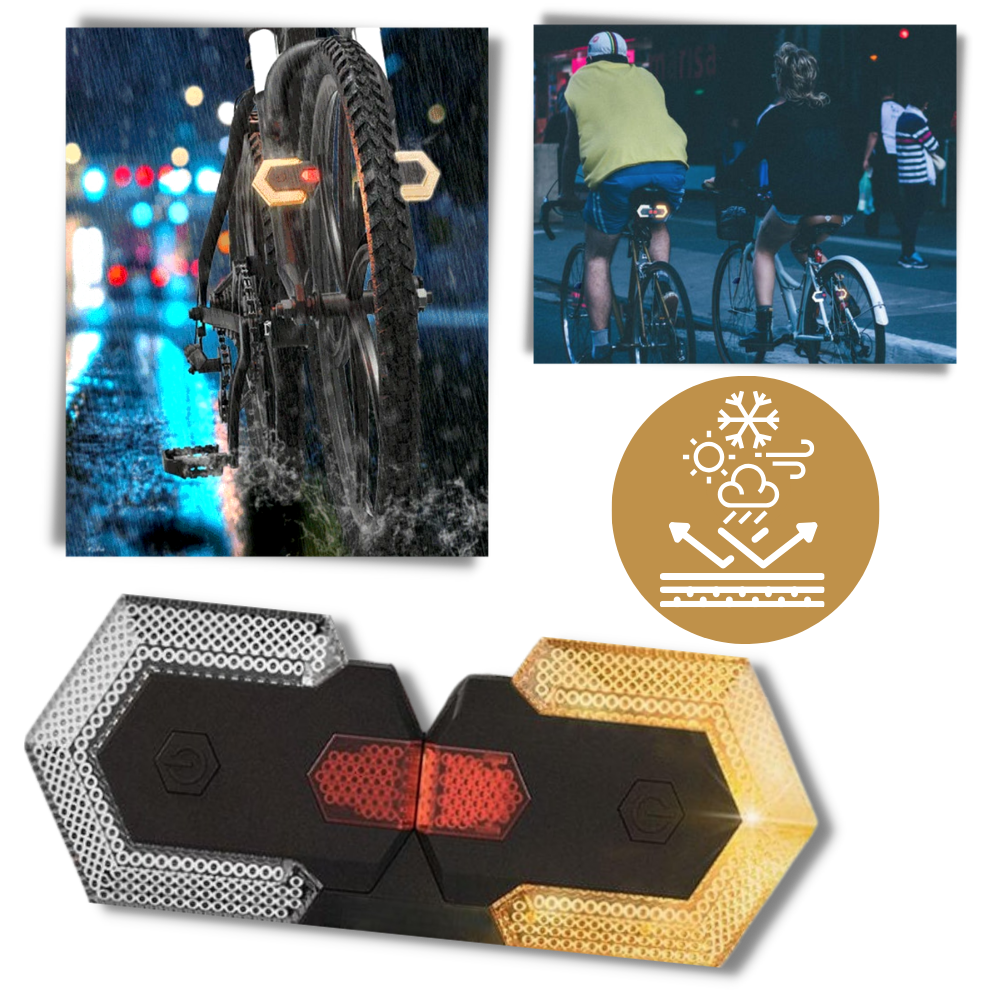Luzes indicadoras sem fio para bicicletas Stamens, visíveis em clima chuvoso, destacando sua funcionalidade para ciclismo seguro.