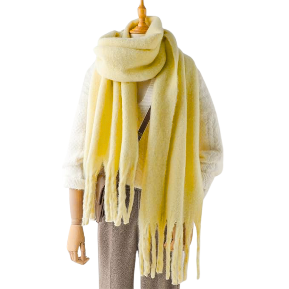 Cachecol feminino Sodial, tecido aconchegante e elegante na cor amarela ganso, ideal para dias frios e estilos casuais.