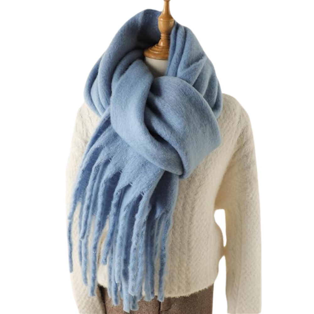 Cachecol feminino Sodial, tecido leve azul claro, estilo elegante e confortável, ideal para dias frios e looks elegantes.
