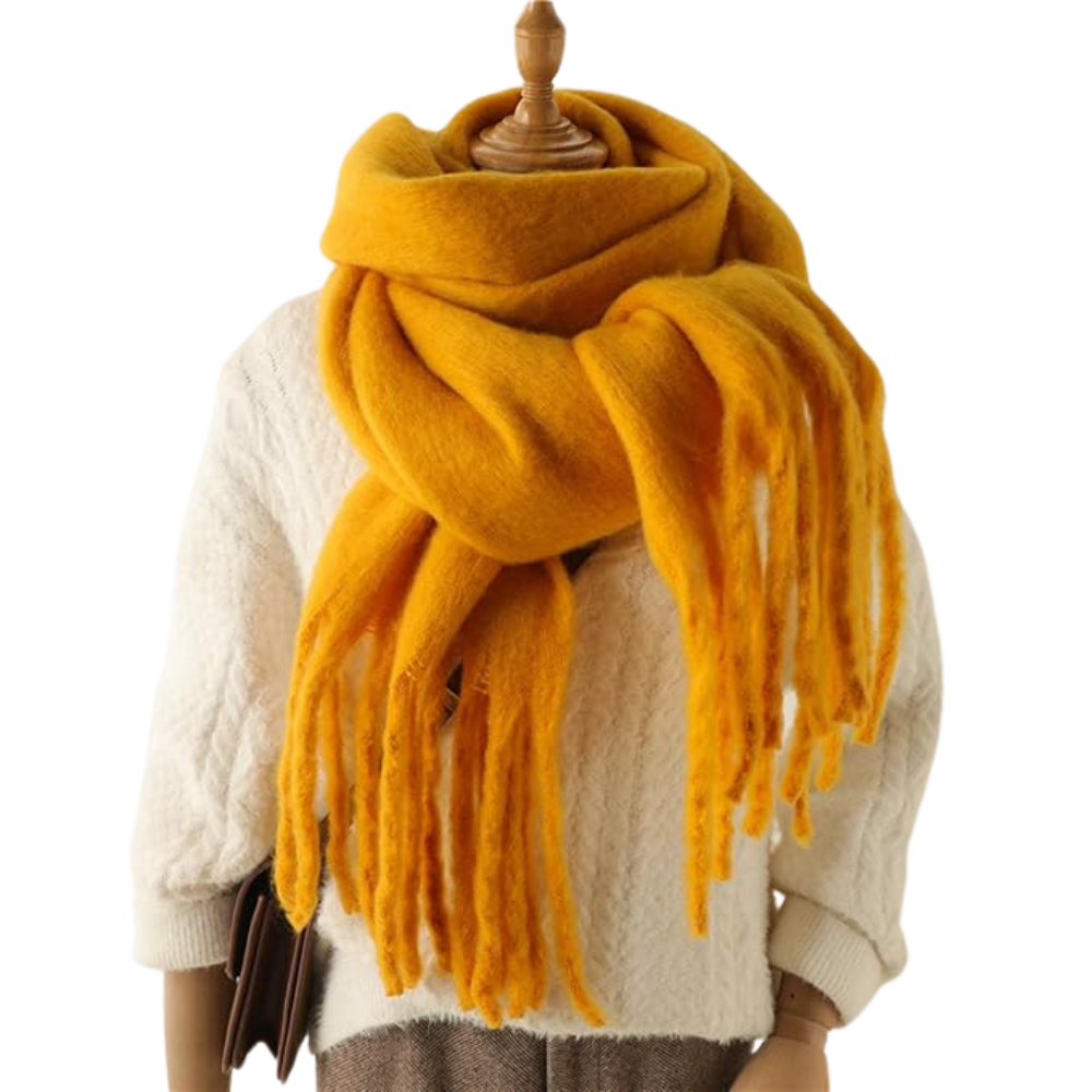 Cachecol feminino Sodial, tecido aconchegante, cor turmeric, ideal para looks elegantes e confortáveis.
