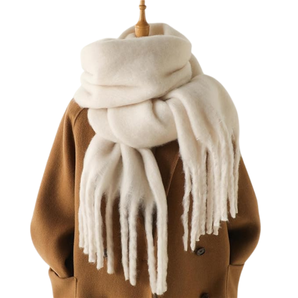 Echarpe feminina Sodial, tecido aconchegante e branco, estilo elegante, ideal para o inverno ou dias frios.