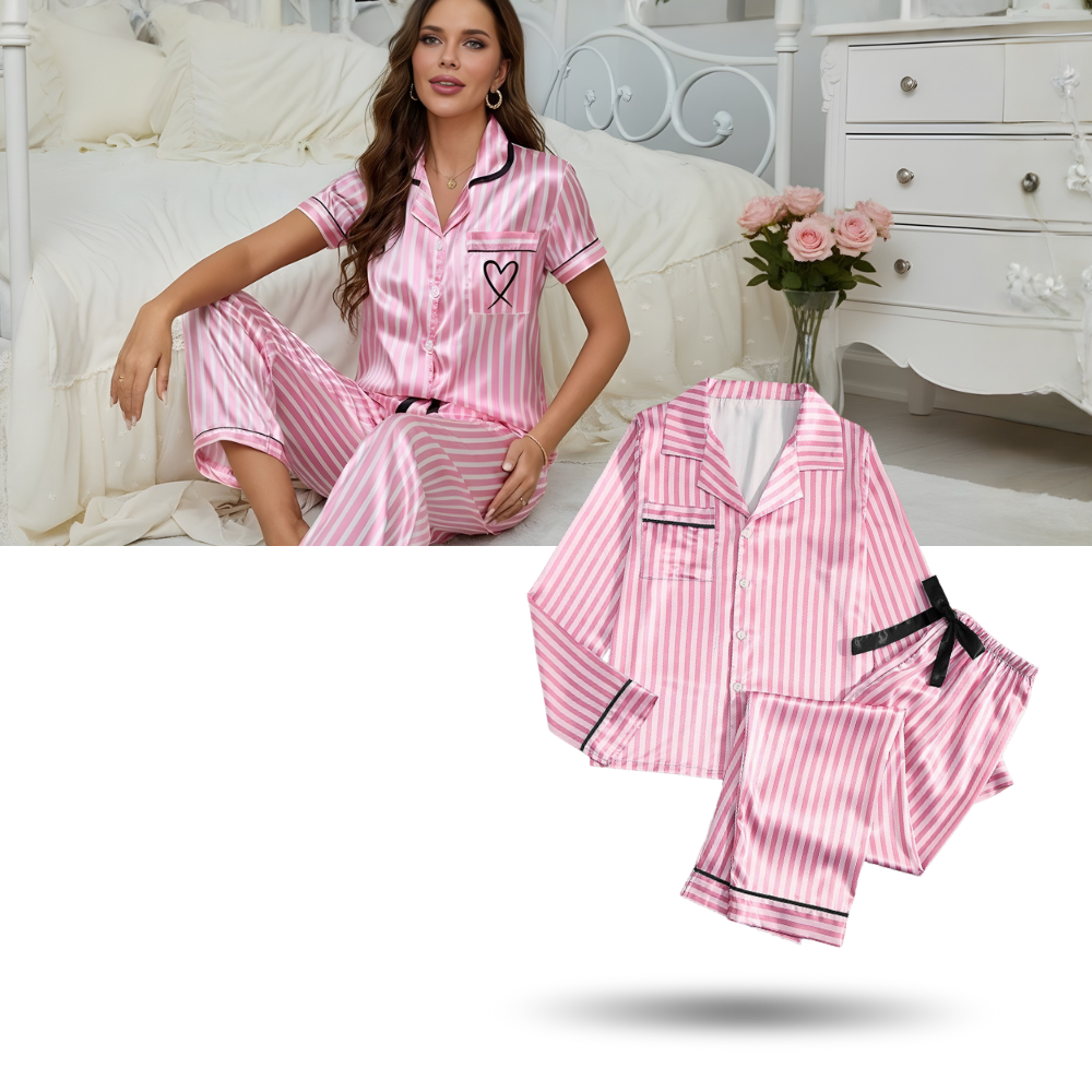 Conjunto de pijama de seda rosa para mulher, roupas de noite e relaxamento, marca Ouuobag, tecido suave e confortável.