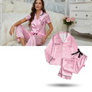 Conjunto de pijama de seda rosa para mulher, roupas de noite e relaxamento, marca Ouuobag, tecido suave e confortável.