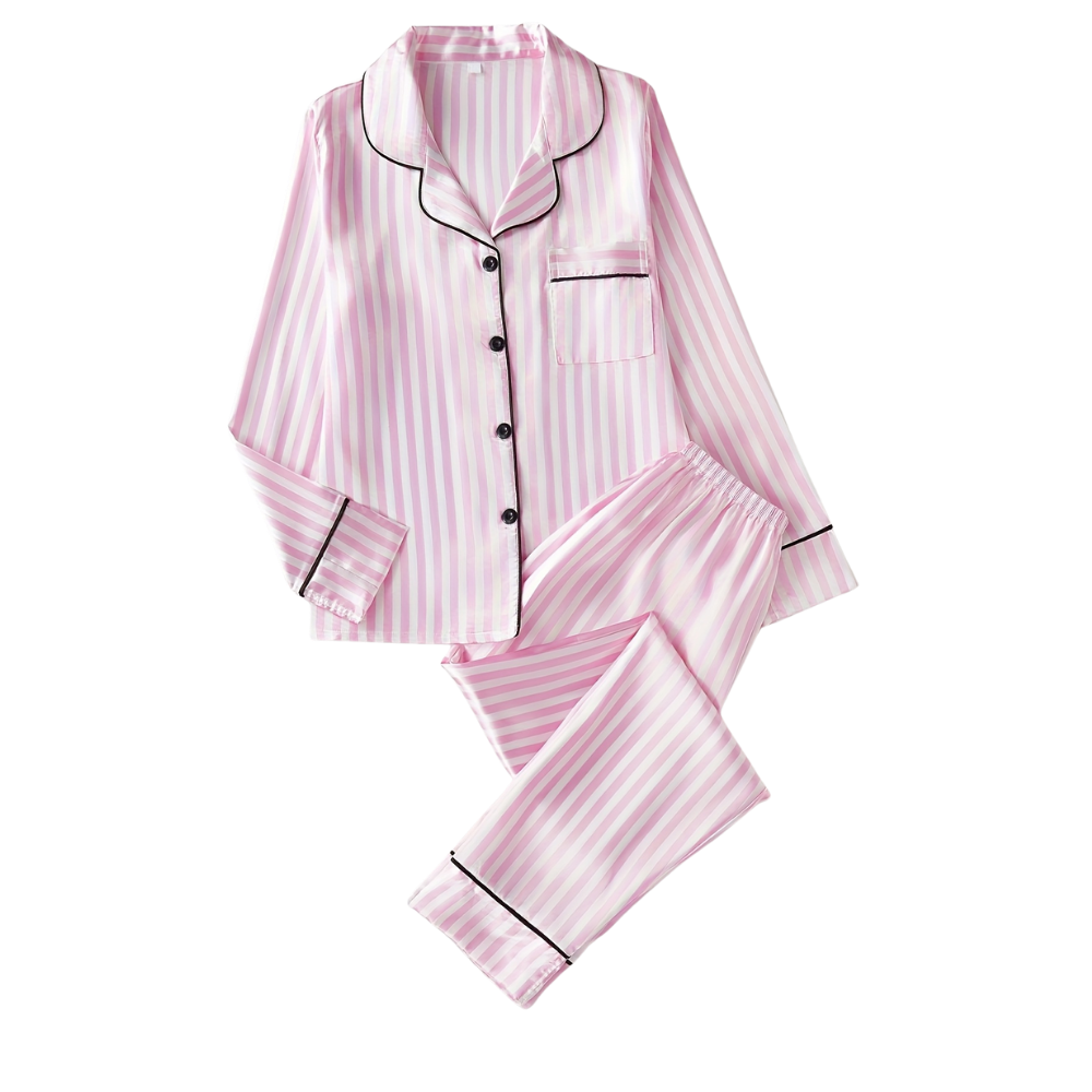 Conjunto de pijama satinado rosa para mulher, roupa de dormir confortável da marca Ouuobag, com tecido suave e elegante.