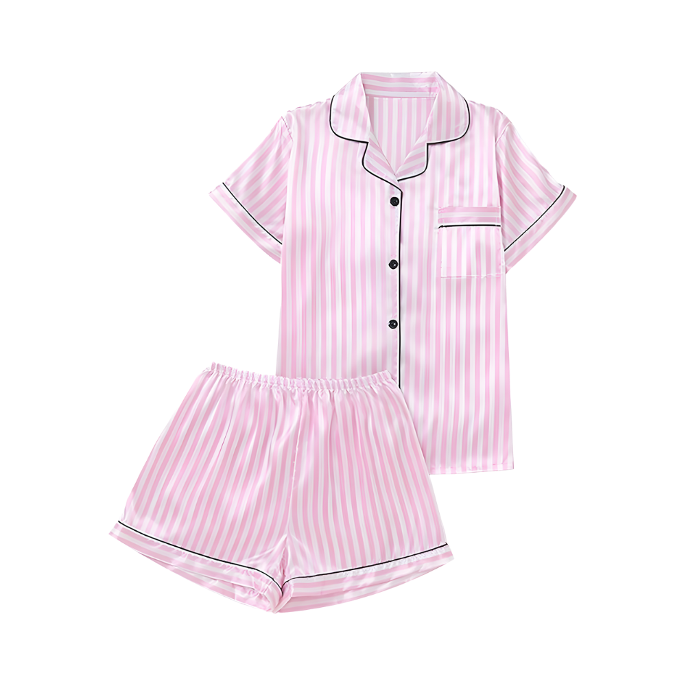 Pijama de seda rosa para mulheres, roupas de dormir e de relaxamento, feito pela marca Ouuobag, com shorts rosa brilhante.