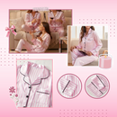 Pijama feminino de seda rosa da Ouuobag, roupa de dormir confortável e elegante, com tecido satinado brilhante e acabamento suave.