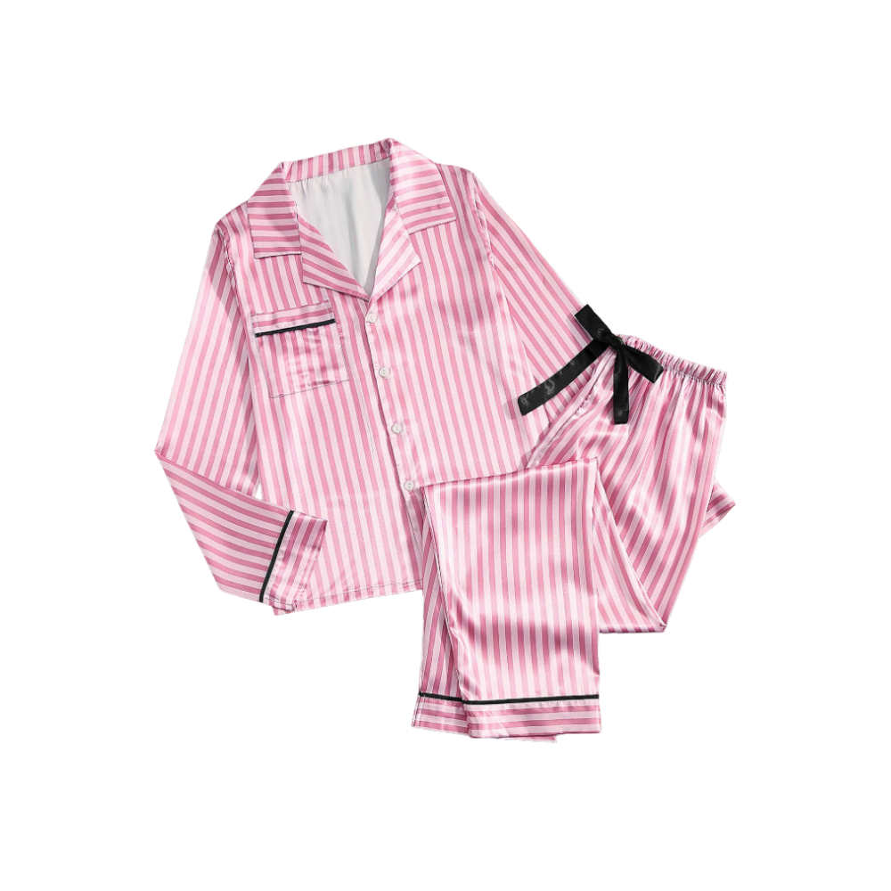 Pijama feminino de seda rosa da Ouuobag, roupa de dormir de tecido satinado e confortável para relaxar.