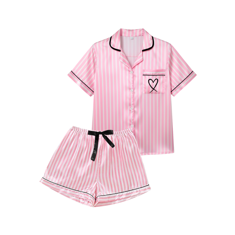 Pijama feminino de cetim rosa para dormir e relaxar, de tecido suave e confortável, da marca Ouuobag.