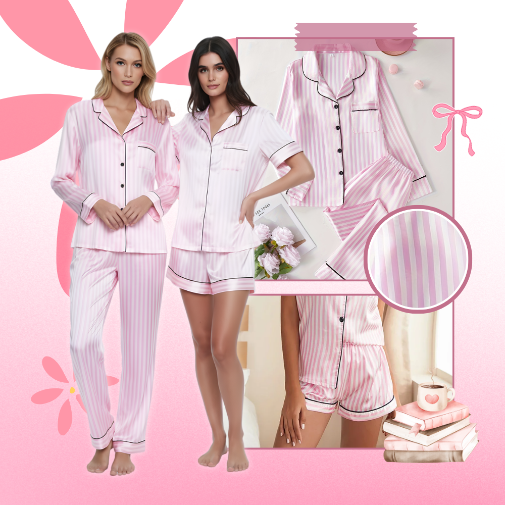 Pijama satiné rosa para mulheres, roupa de dormir e relaxamento da marca Ouuobag, tecido elegante e confortável.