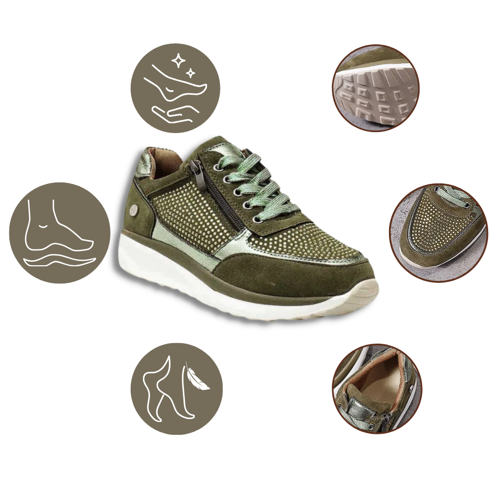 Tênis feminino Ozerty França com solado plataforma e detalhes de strass, estilo casual e confortável para o dia a dia.