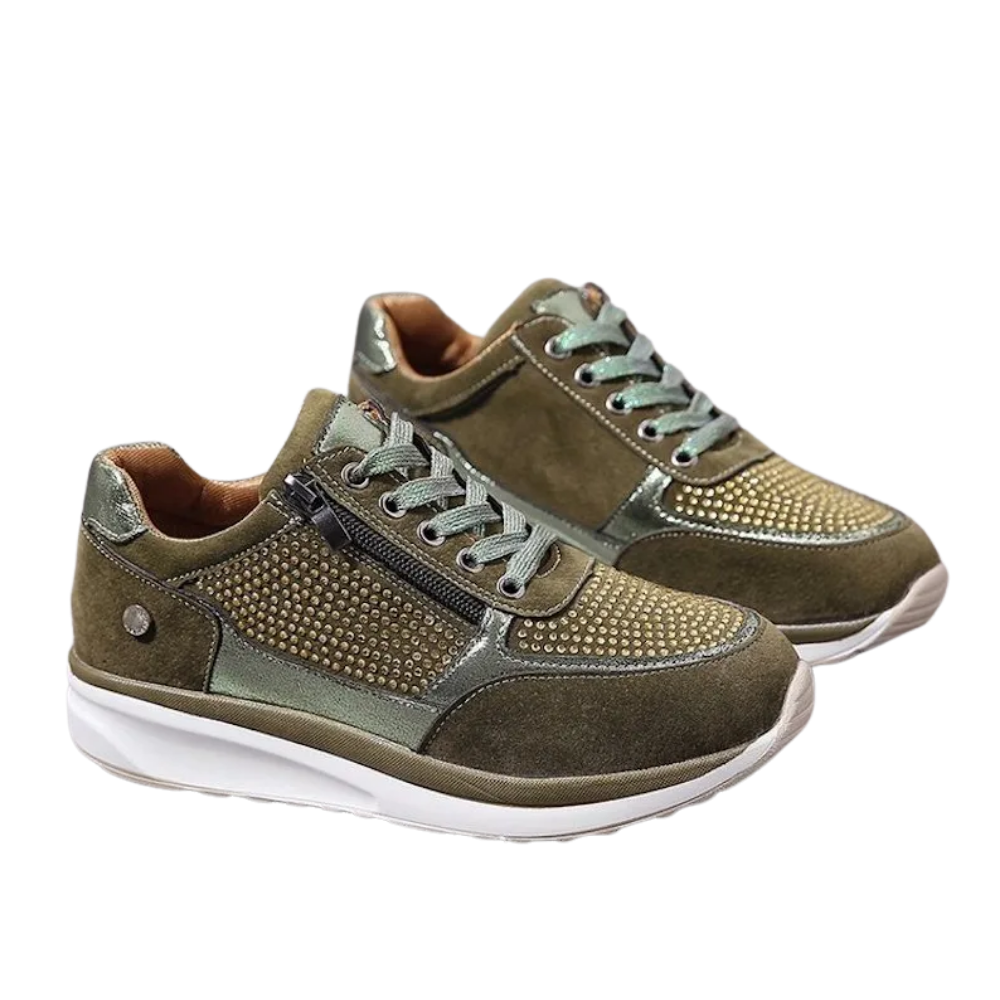 Tênis feminino Ozerty France com sola plataforma e detalhes de strass em material verde, estilo casual e elegante.