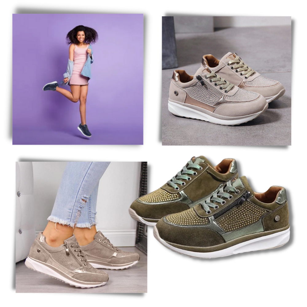 Tênis Feminino Ozerty França com semelles compensadas e detalhes de strass, estilo casual e elegante.