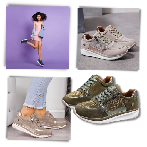 Tênis Feminino Ozerty França com semelles compensadas e detalhes de strass, estilo casual e elegante.