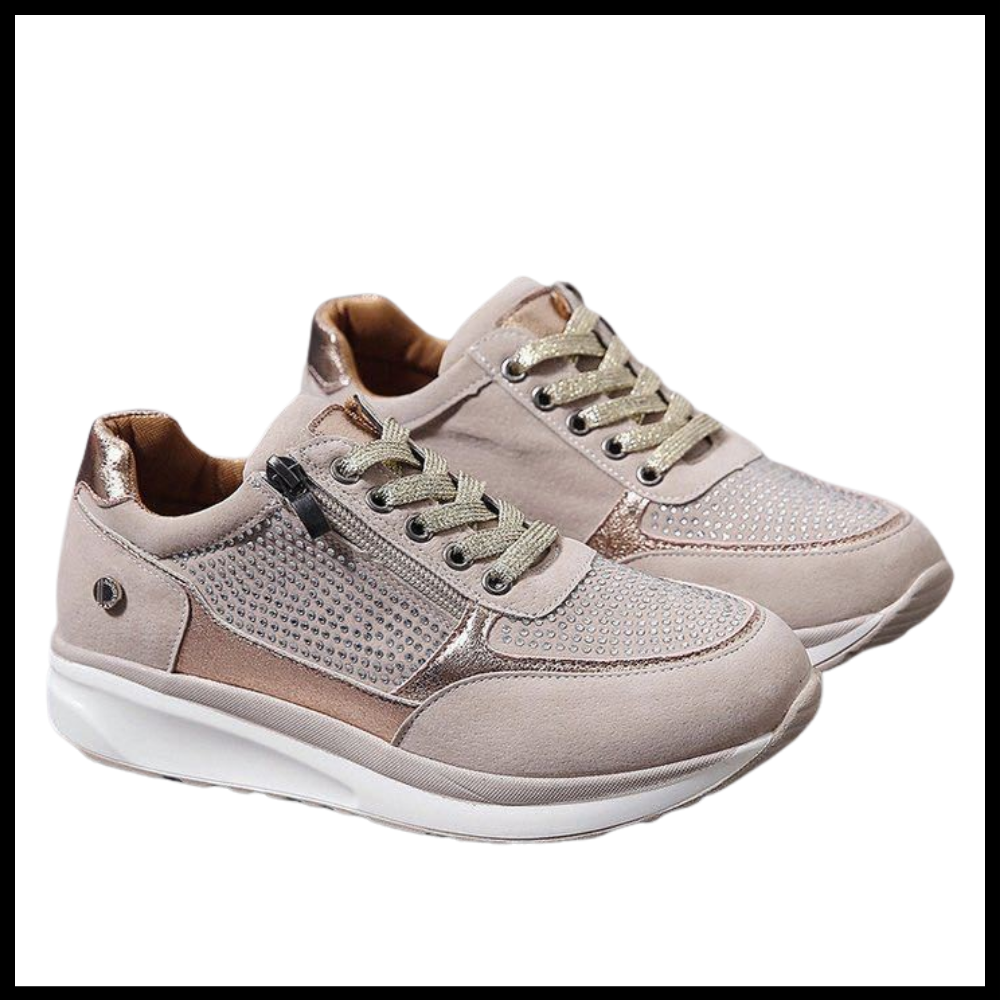 Tênis feminino Ozerty França com sola plataforma e detalhes de strass, estilo confortável e elegante para uso casual.