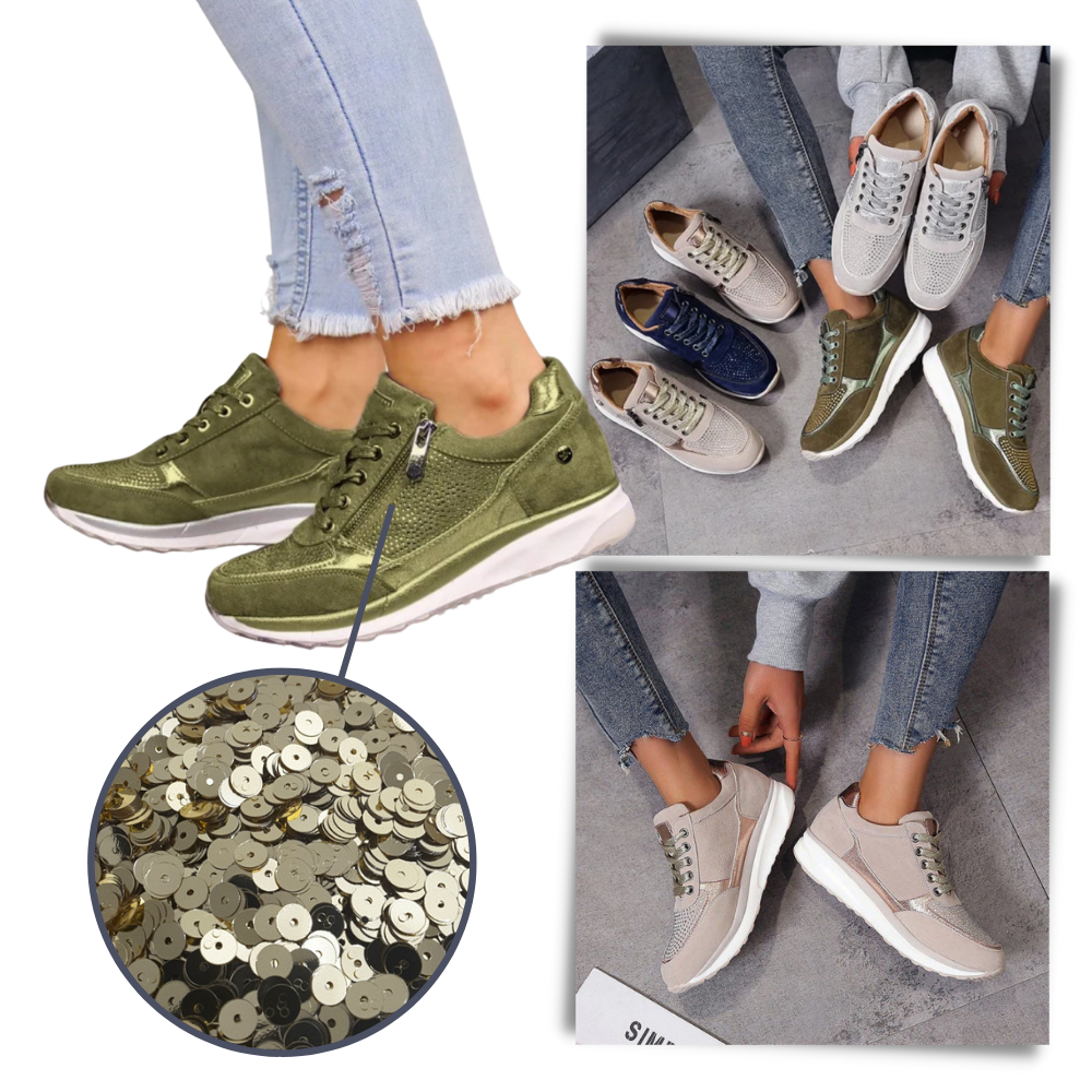 Tênis feminino com sola plataforma e detalhes de strass da Ozerty France, estilo casual e elegante.