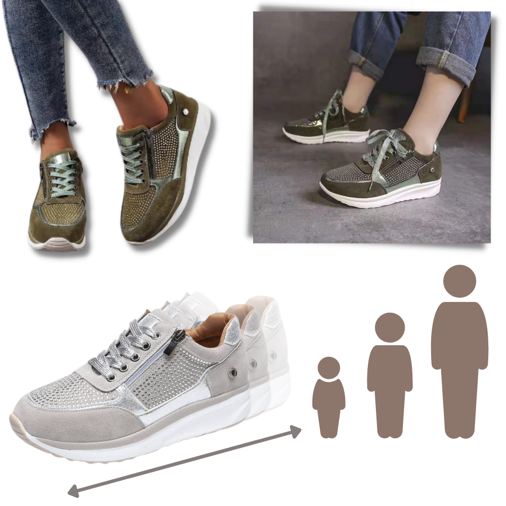Tênis feminino Ozerty France com sola plataforma e detalhes de strass, estilo confortável e elegante para o dia a dia.