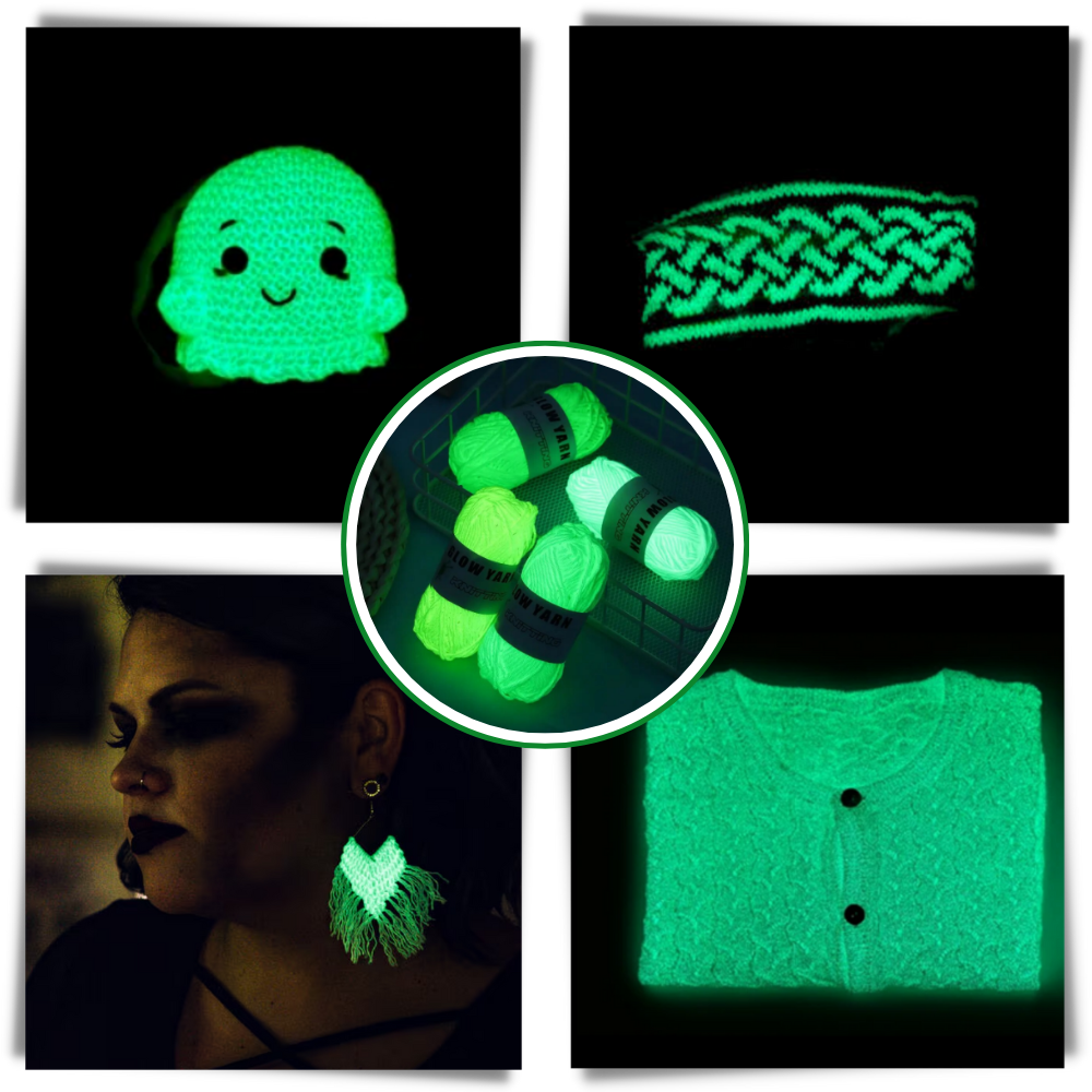 Fio fosforescente colorido da Wovilon para trabalhos de artesanato criativos, com tom violeta brilhante e efeito luminoso.