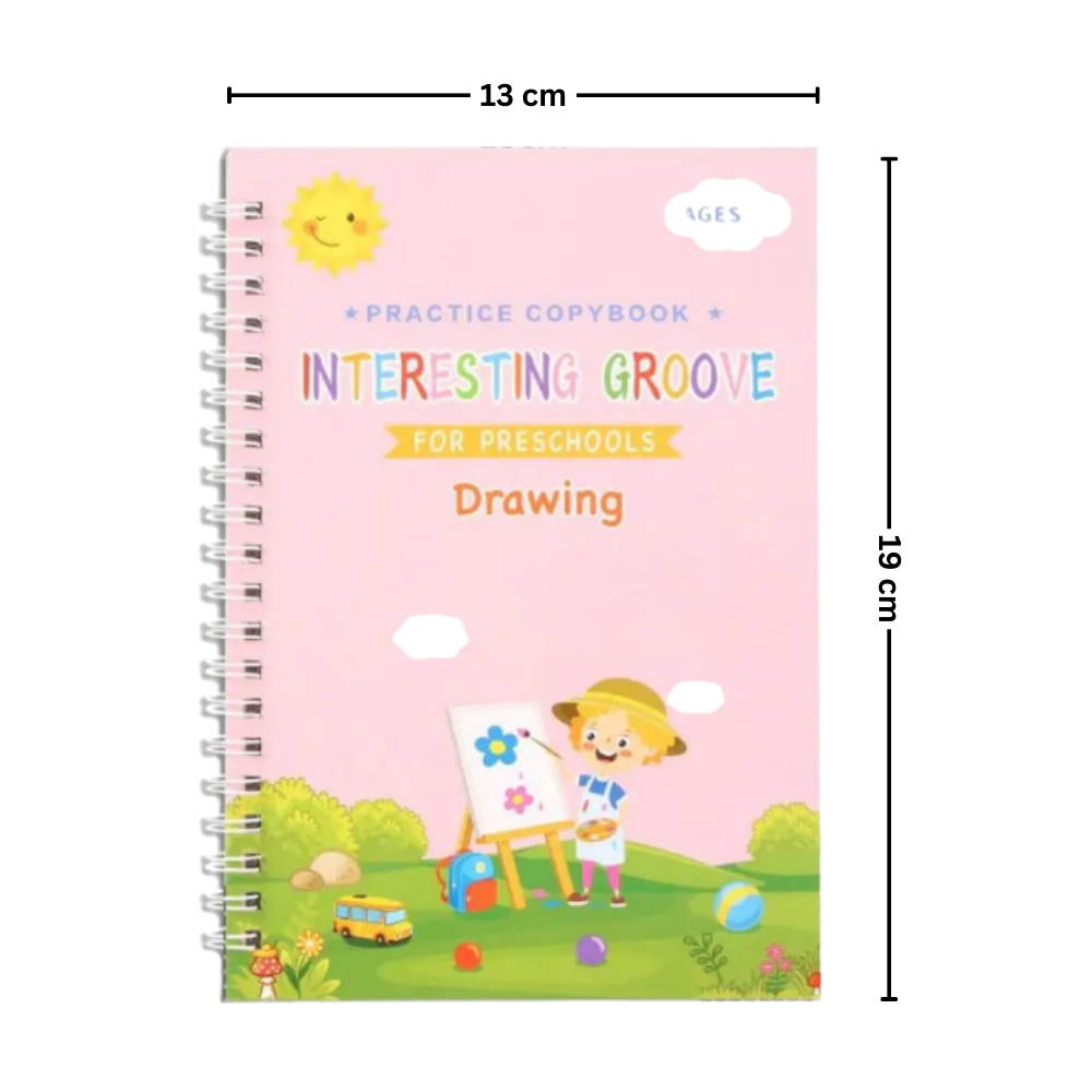 Caderno de escrita apagável com ranhuras da Moonvvin, brinquedo educativo para prática de escrita e aprendizagem.