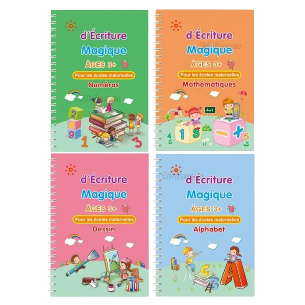 Caderno de escrita apagável com ranhuras da Moonvvin, brinquedo educativo para prática de escrita em francês.