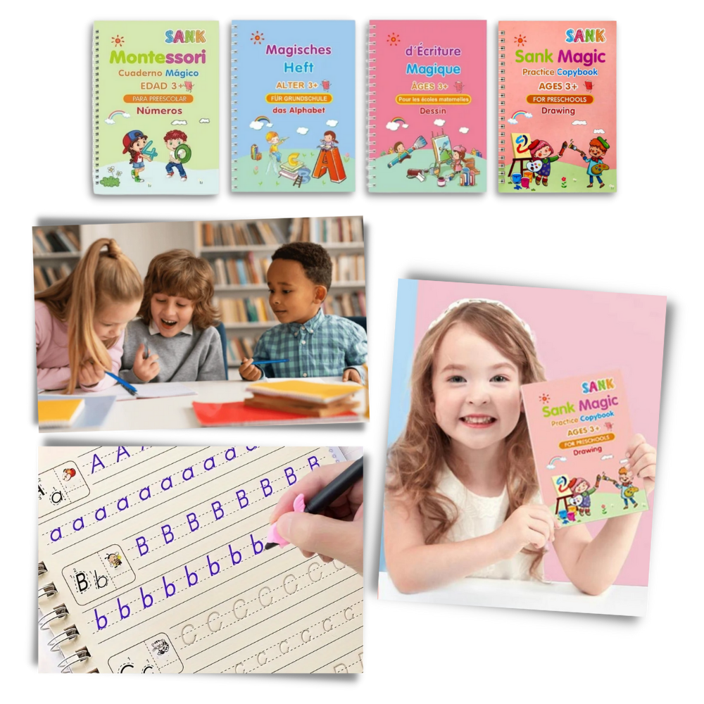Caderno de escrita apagável com ranhuras da Moonvvin, brinquedo educativo para prática de escrita e desenvolvimento de habilidades.