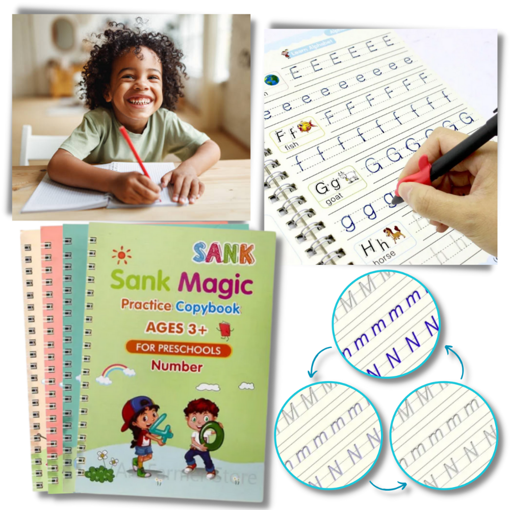 Caderno de escrita apagável com ranhuras da Moonvvin, brinquedo educativo para prática de escrita e aprendizagem.