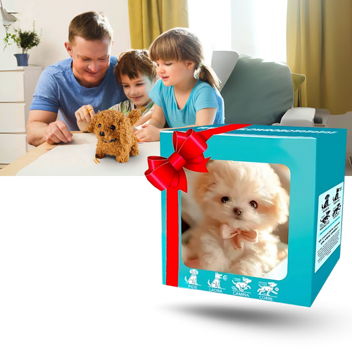 Robô brinquedo cão Shih Tzu em smoking da marca Xanovooo, adorável e detalhado, ideal para colecionadores e crianças.