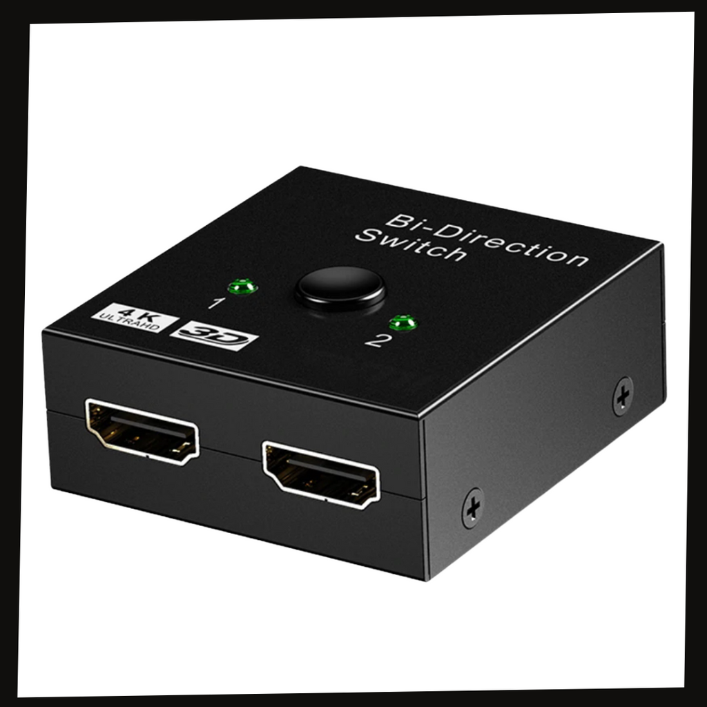 Répartidor HDMI bi-direcional Xcsource 4K para áudio e vídeo, com cabos conectados e portas HDMI visíveis.