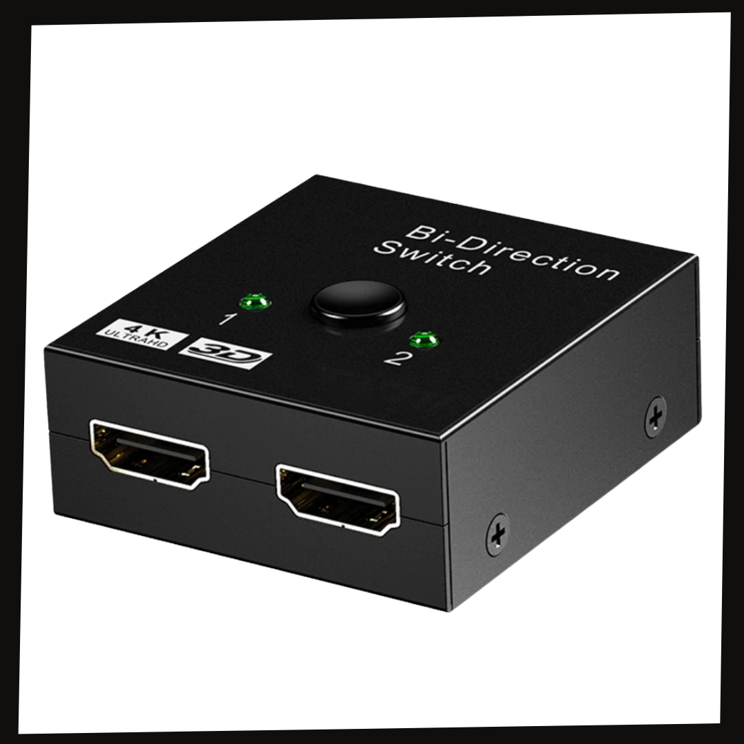 Répartidor HDMI bi-direcional Xcsource 4K para áudio e vídeo, com cabos conectados e portas HDMI visíveis.