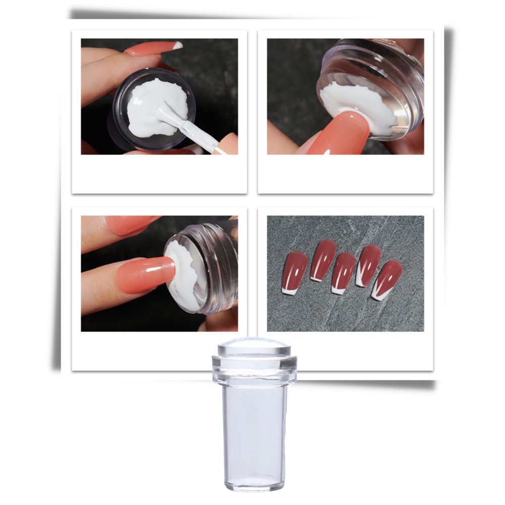 Kit de estamparia em silicone para nail art com raspador, da marca Xelparuc, exibindo os instrumentos para decoração de unhas.