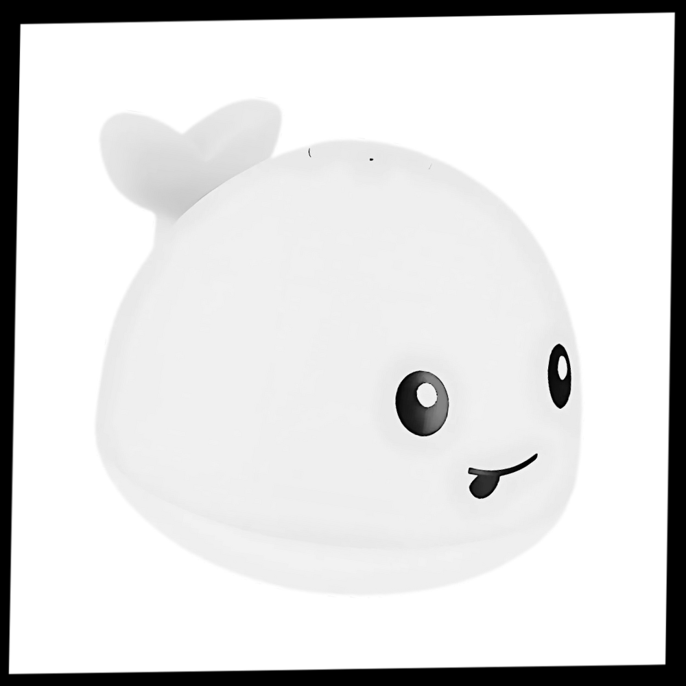 Jouet de bain interactif en forme de baleine gris avec lumières, conçu pour divertir les enfants lors du bain.