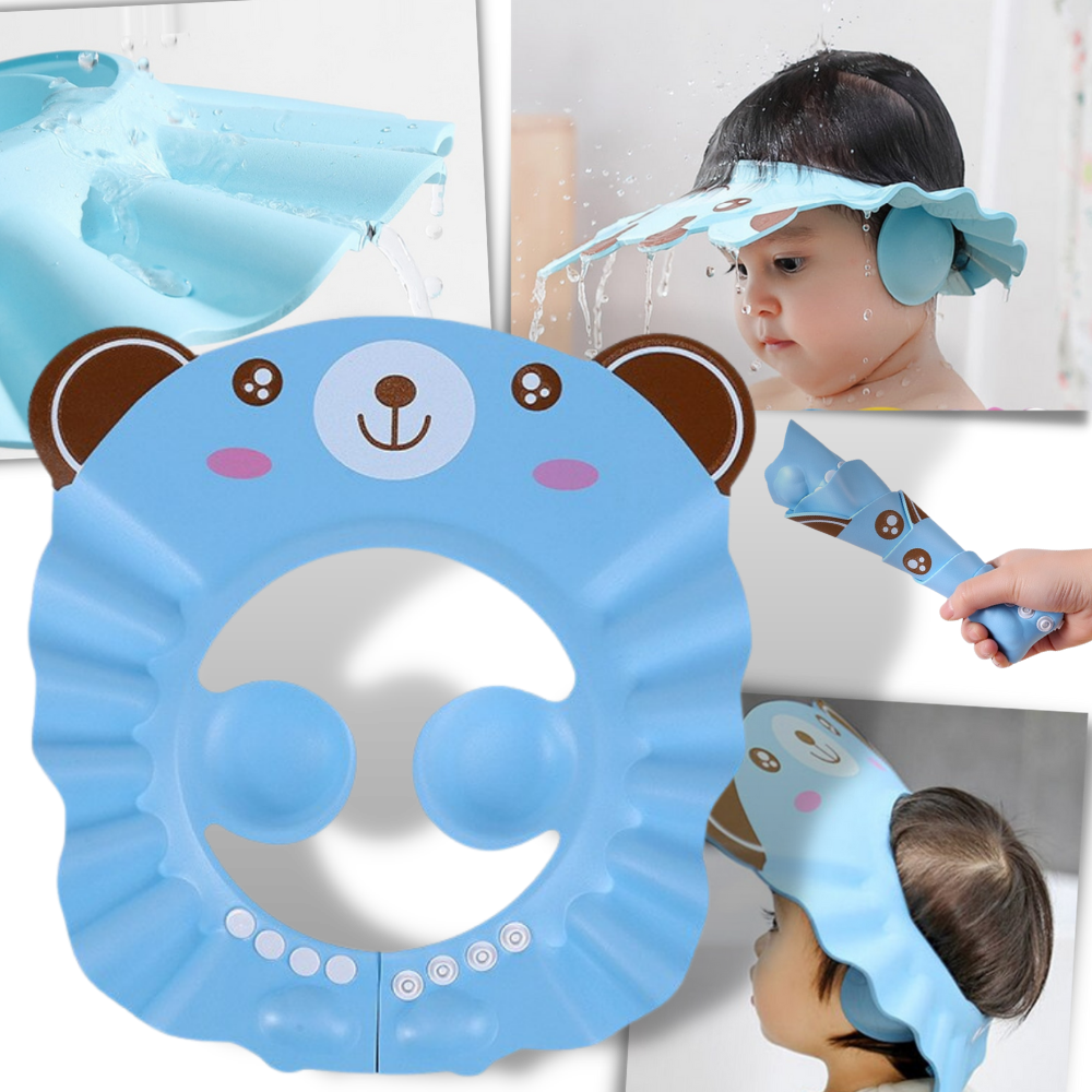 Casqueta de banho azul com estampa de coelho da Xiaocheng, proteção para o banho e orelhas para crianças.